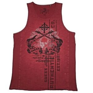 VTG Guess Jeans Shirt Mens XL Red Skull Cross Guns Authentic Rock Tank Top 2000s